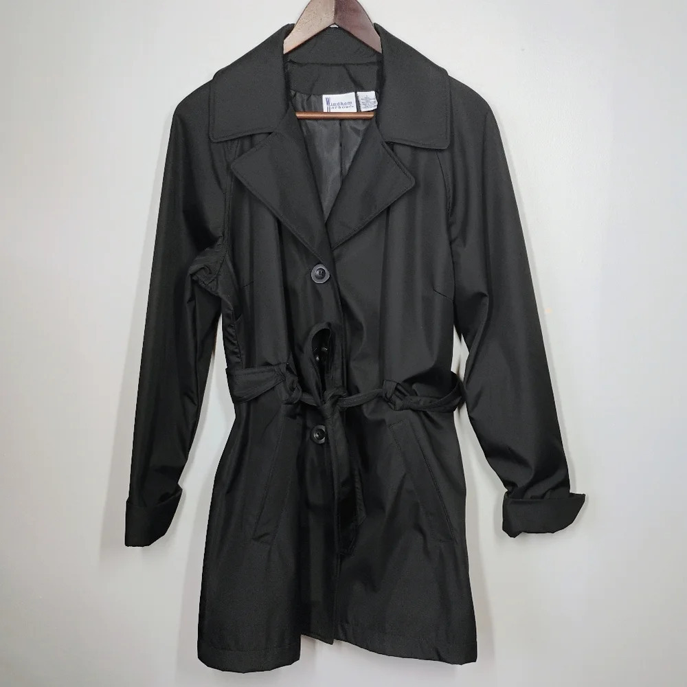 Windham Harbour Black Belted Mid Length Trench Coat Timeless Closet Staple Large